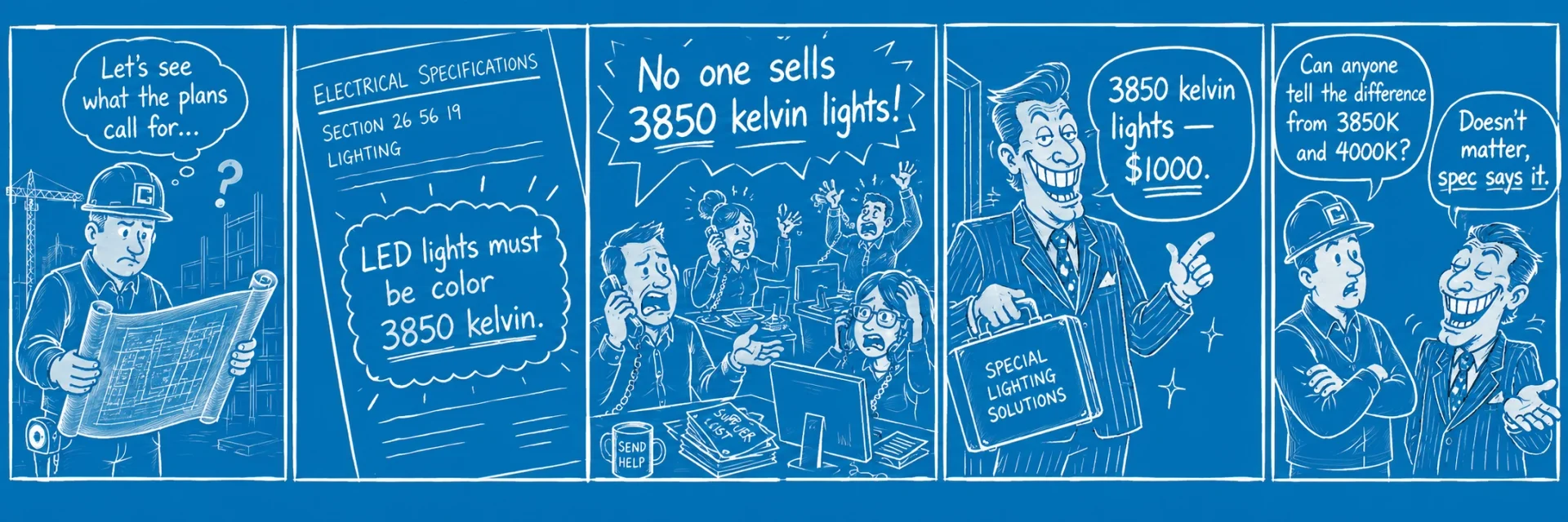 Cartoon strip about a lighting specification calling for a 3850 kelvin color nobody stocks, forcing an expensive special order
