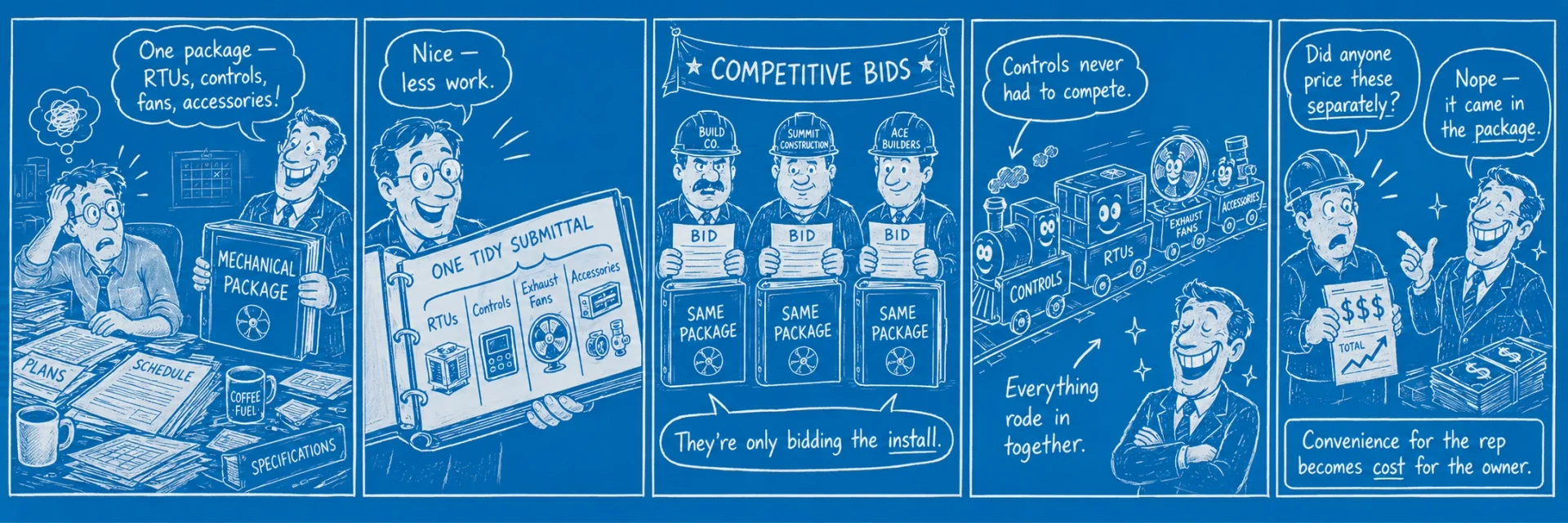 Cartoon strip showing three contractors bidding the same sole-source controls package, so competitive bidding produces no real competition