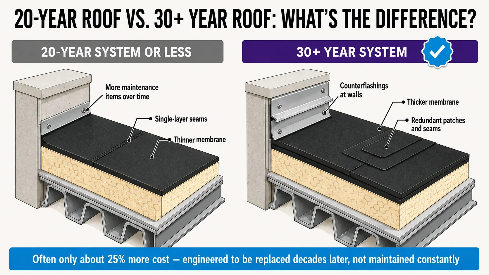 Diagram comparing a 20-year single-layer membrane roof with a 30-plus year system using a thicker membrane, counterflashings and redundant seams