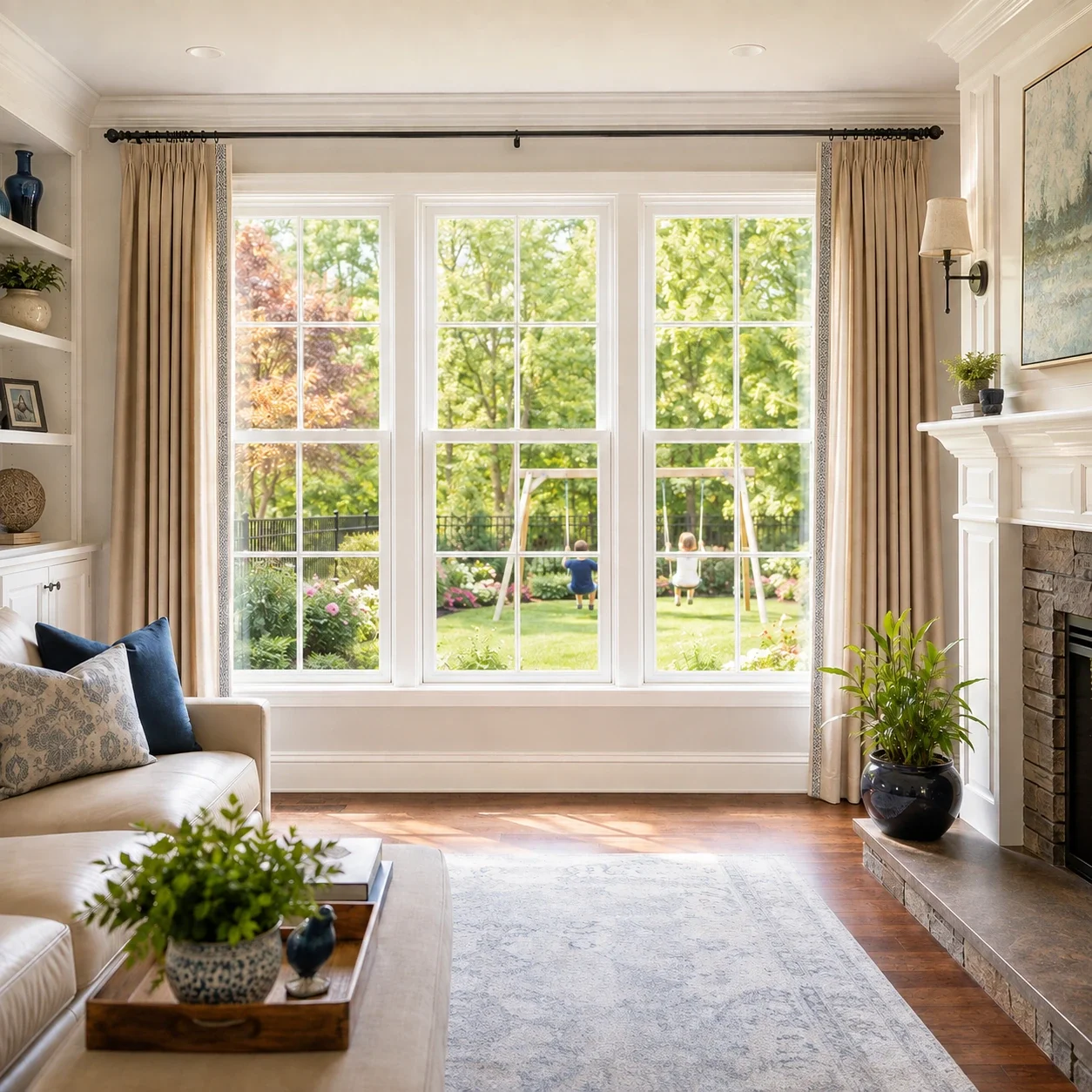 Bright transitional family room in West Chester, Ohio, featuring three white grid-pattern replacement windows overlooking a landscaped backyard with mature trees and a swing set.