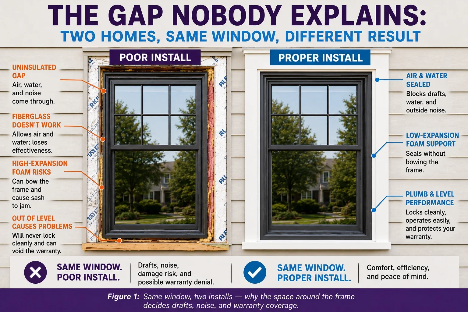 Comparison of the same replacement window with poor and proper installation, showing how gaps, insulation, foam, and a plumb, level frame affect drafts, water, noise, performance, and warranty coverage.