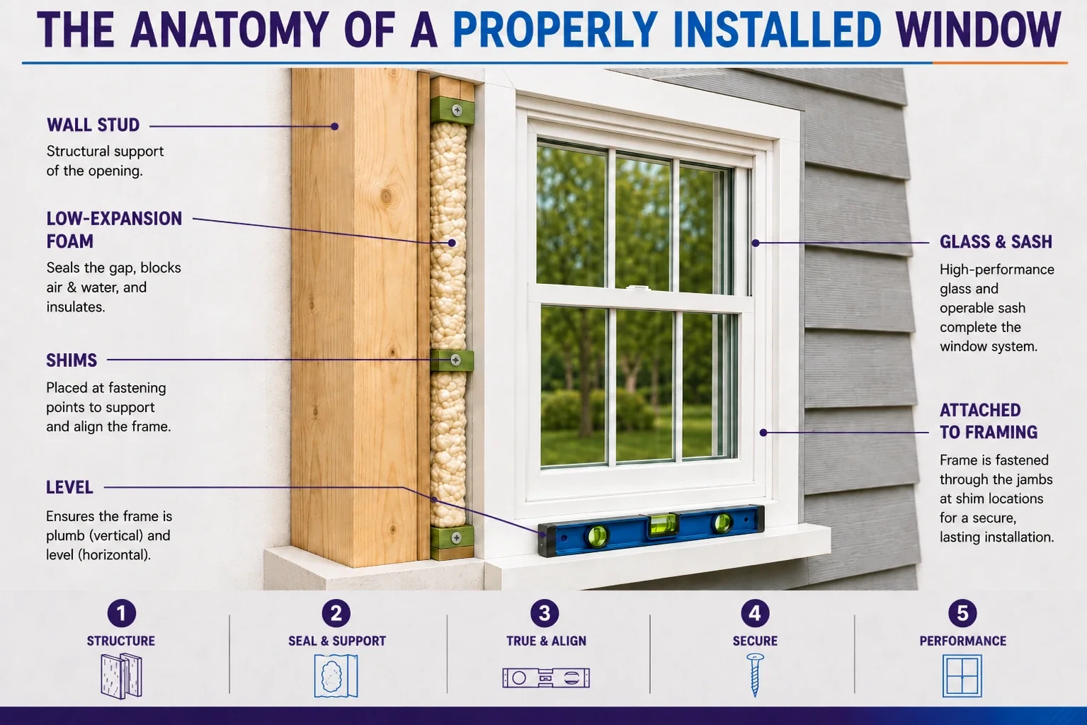 Diagram of a properly installed replacement window showing the wall stud, low-expansion foam, shims, level and sash