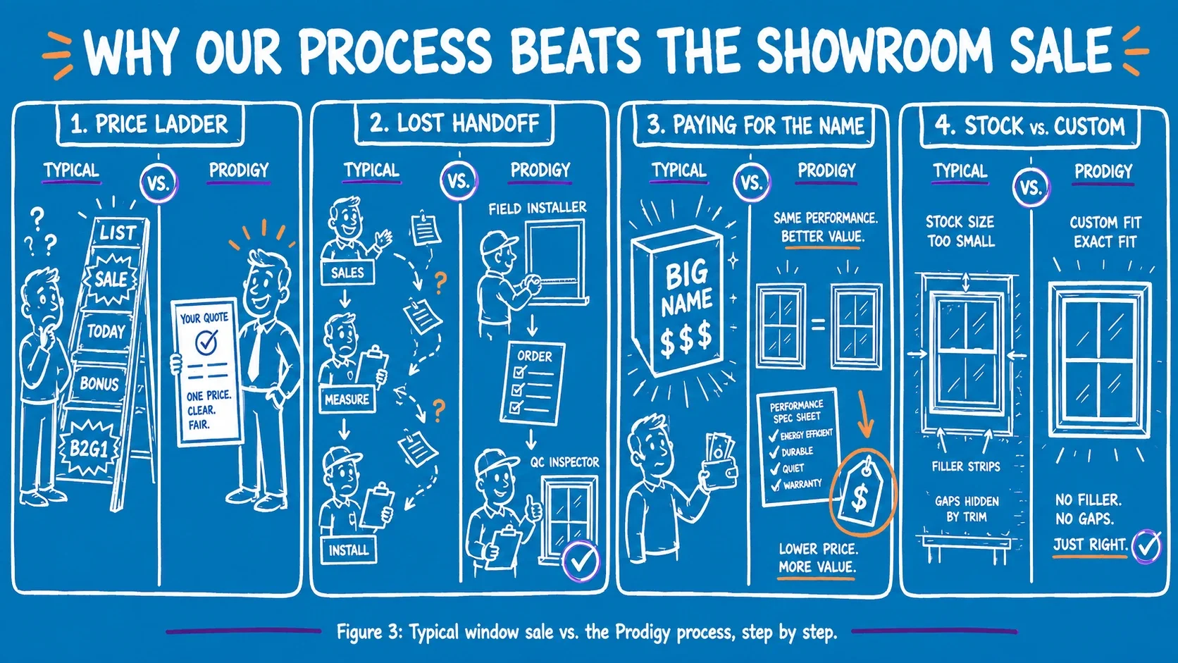 Whiteboard-style cartoon infographic on a blue background comparing a typical window showroom sale with the Prodigy process, showing pricing tactics, handoff problems, brand-name markups, and stock sizing versus Prodigy’s straightforward pricing, installer-led measurement, specification-based selection, and custom-fit windows..webp
