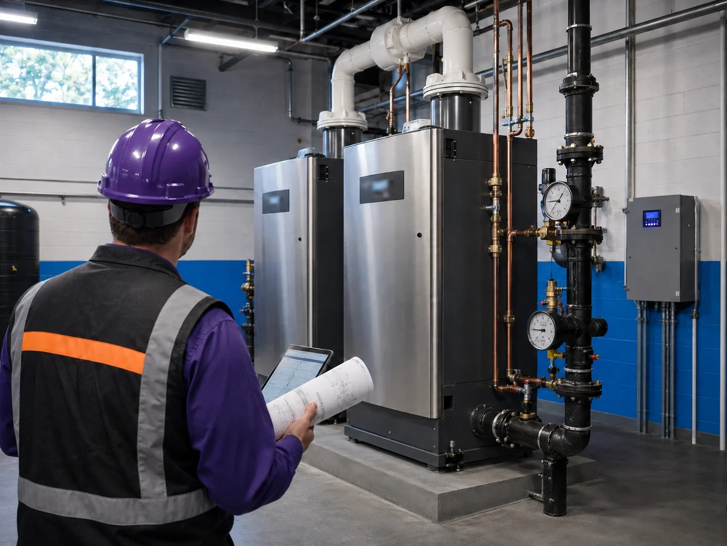Project engineer reviewing drawings and a tablet in a modern school boiler room.