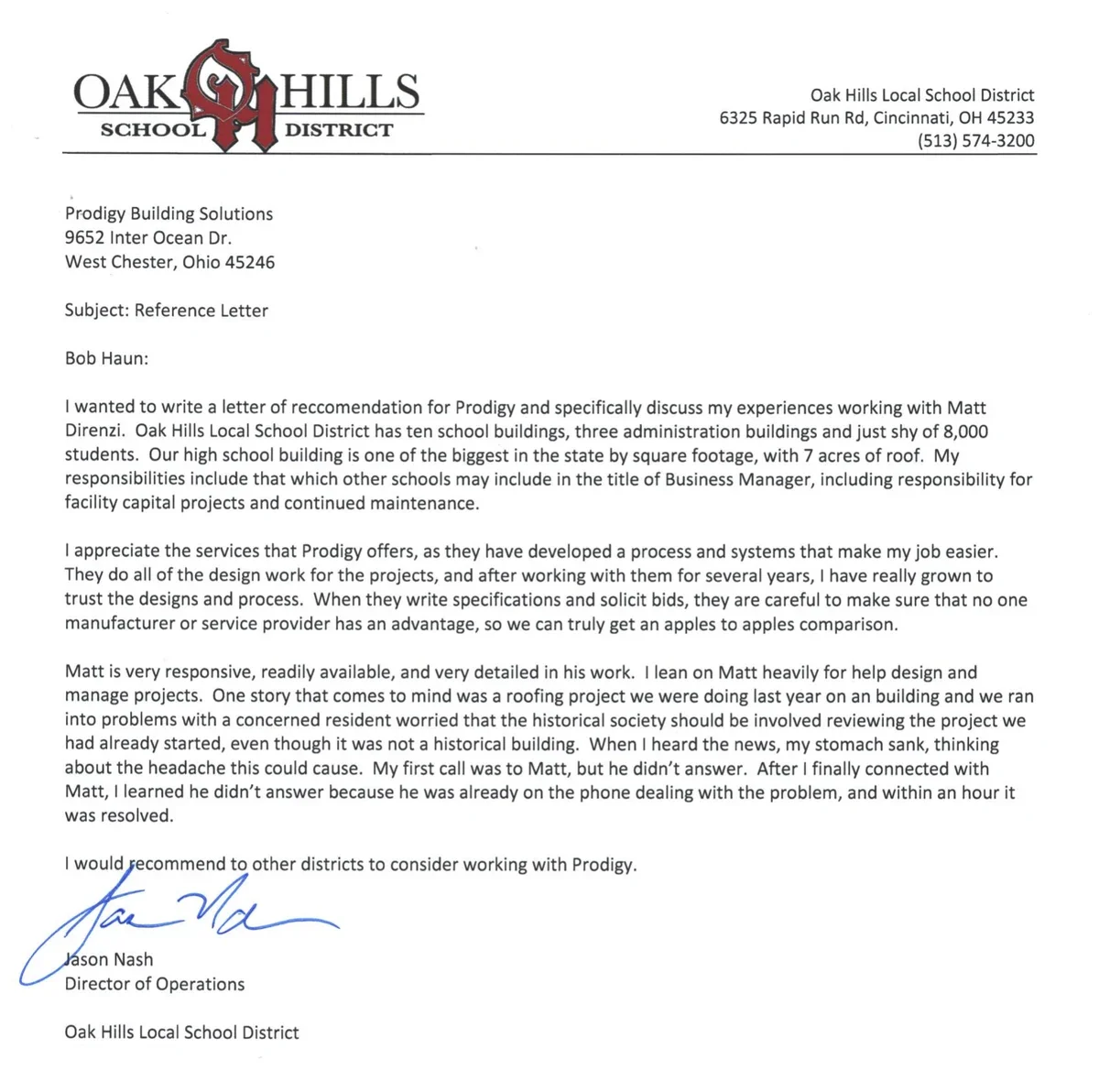 Reference letter from Oak Hills Local School District Director of Operations Jason Nash recommending Prodigy Building Solutions' vendor-neutral design-build process