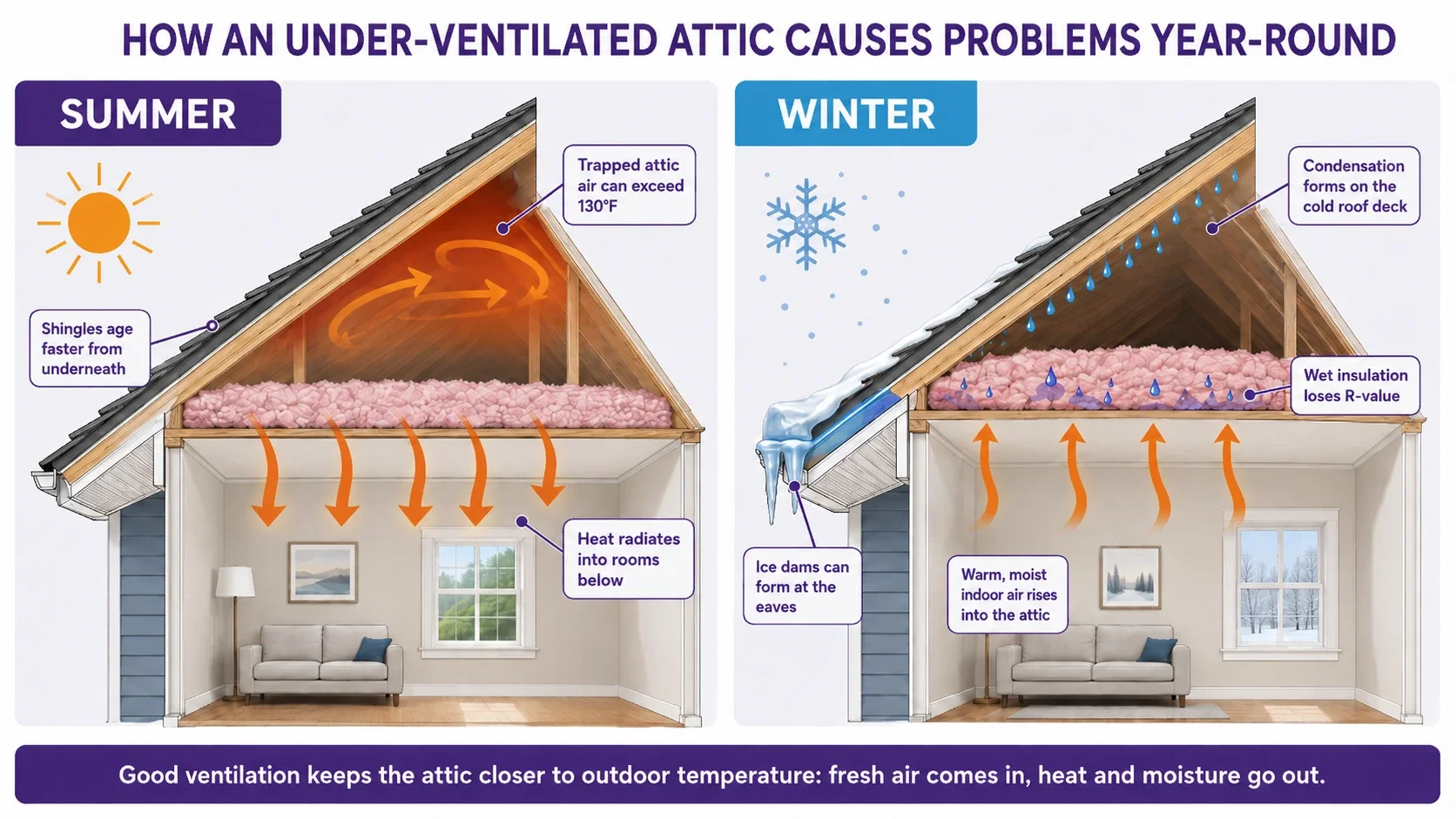Side-by-side attic ventilation infographic showing summer heat trapped in an under-ventilated attic and winter moisture rising into the attic, causing condensation, wet insulation, and ice dams..