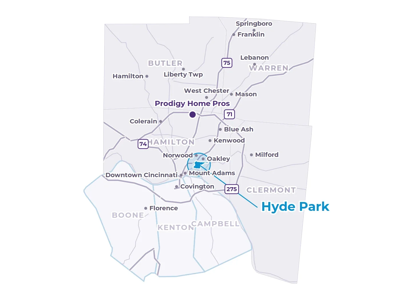 Map of Greater Cincinnati showing Hyde Park east of downtown, nearby neighborhoods, the interstates and the Prodigy office in West Chester Map of Greater Cincinnati showing Hyde Park east of downtown, nearby neighborhoods, the interstates and the Prodigy office in West Chester