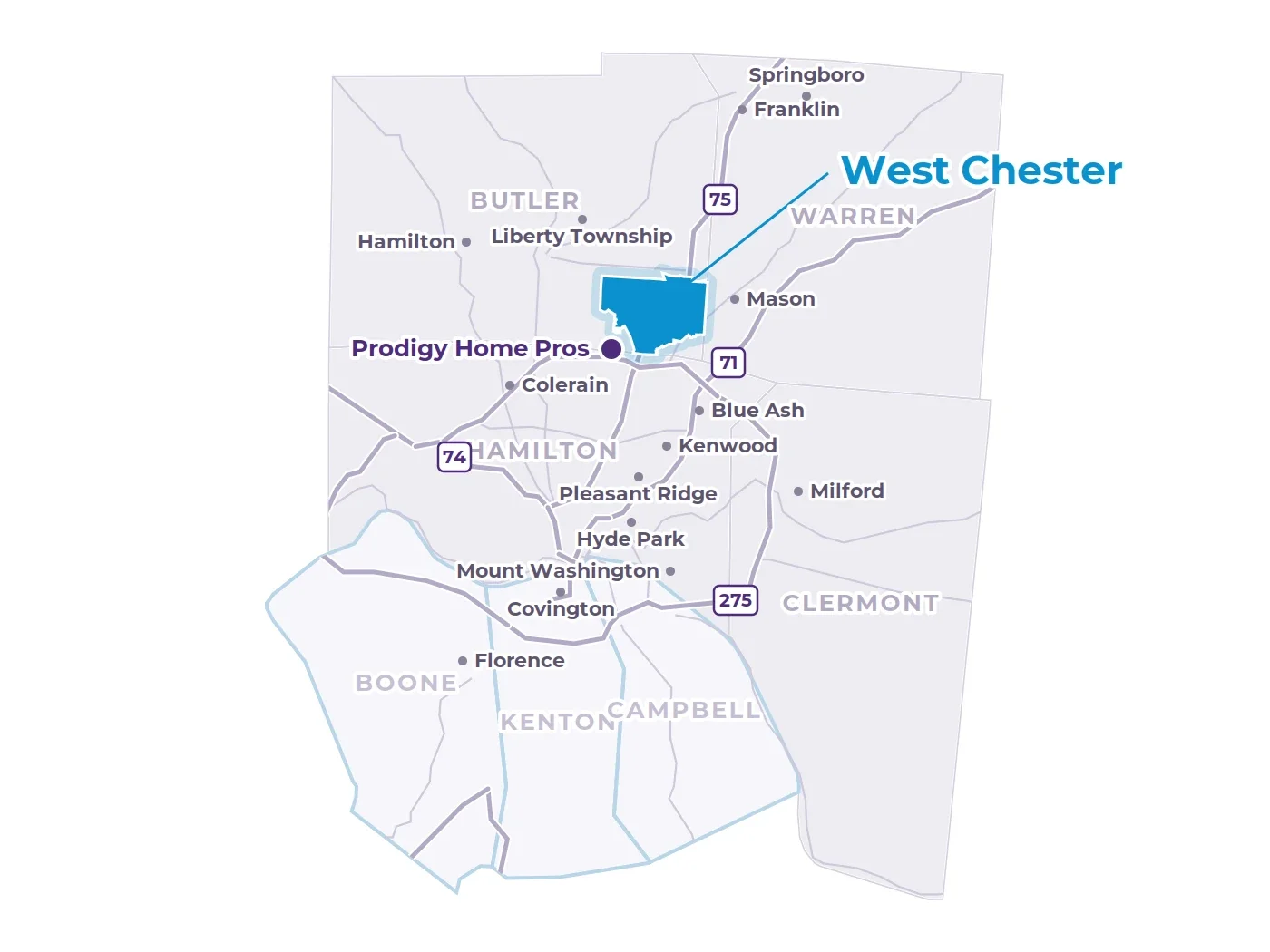 Map of Greater Cincinnati showing West Chester in Butler County, nearby communities, the interstates and the Prodigy office Map of Greater Cincinnati showing West Chester in Butler County, nearby communities, the interstates and the Prodigy office