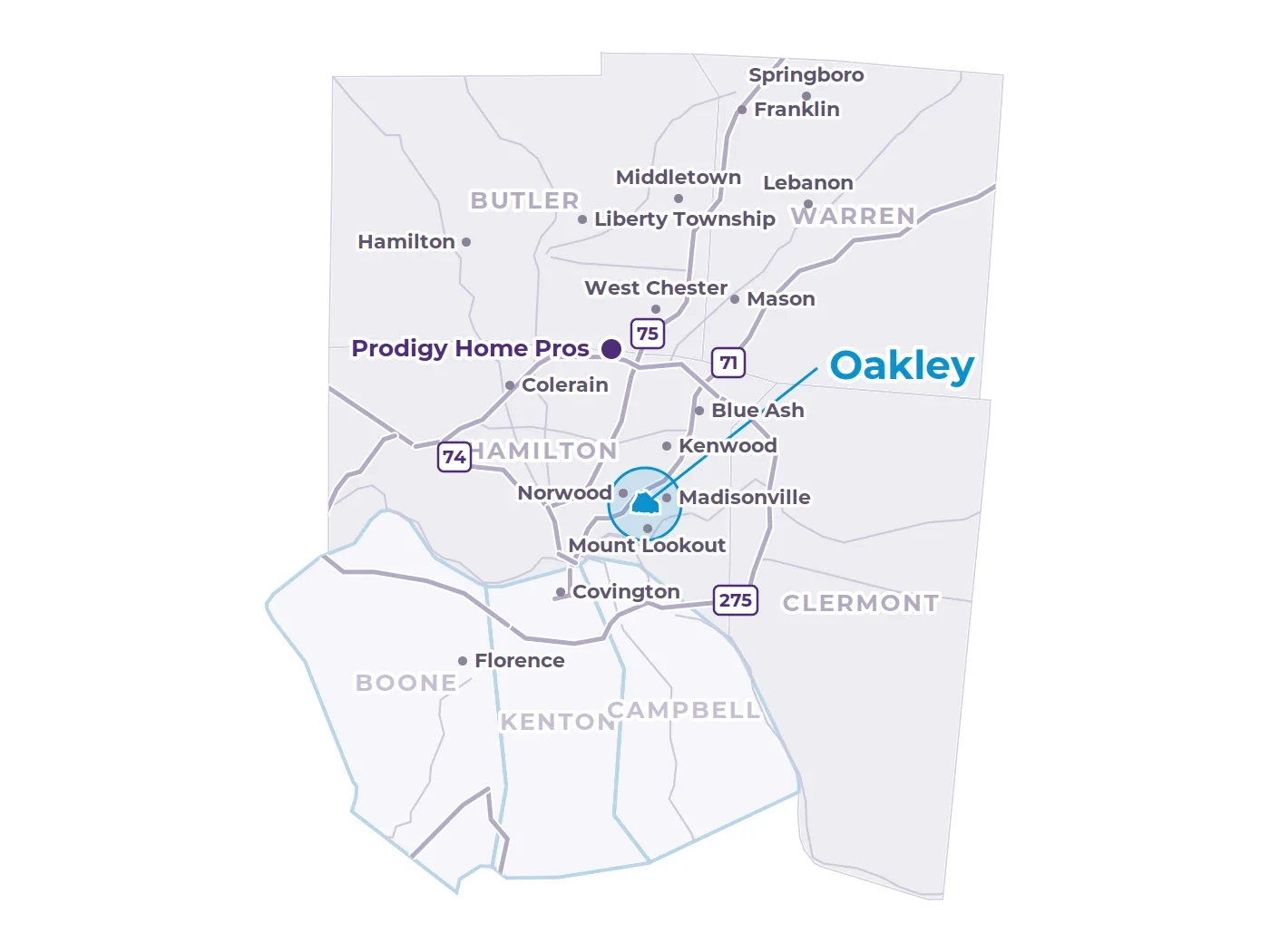 Map of Greater Cincinnati showing Oakley on the east side, nearby neighborhoods, the interstates and the Prodigy office in West Chester Map of Greater Cincinnati showing Oakley on the east side, nearby neighborhoods, the interstates and the Prodigy office in West Chester