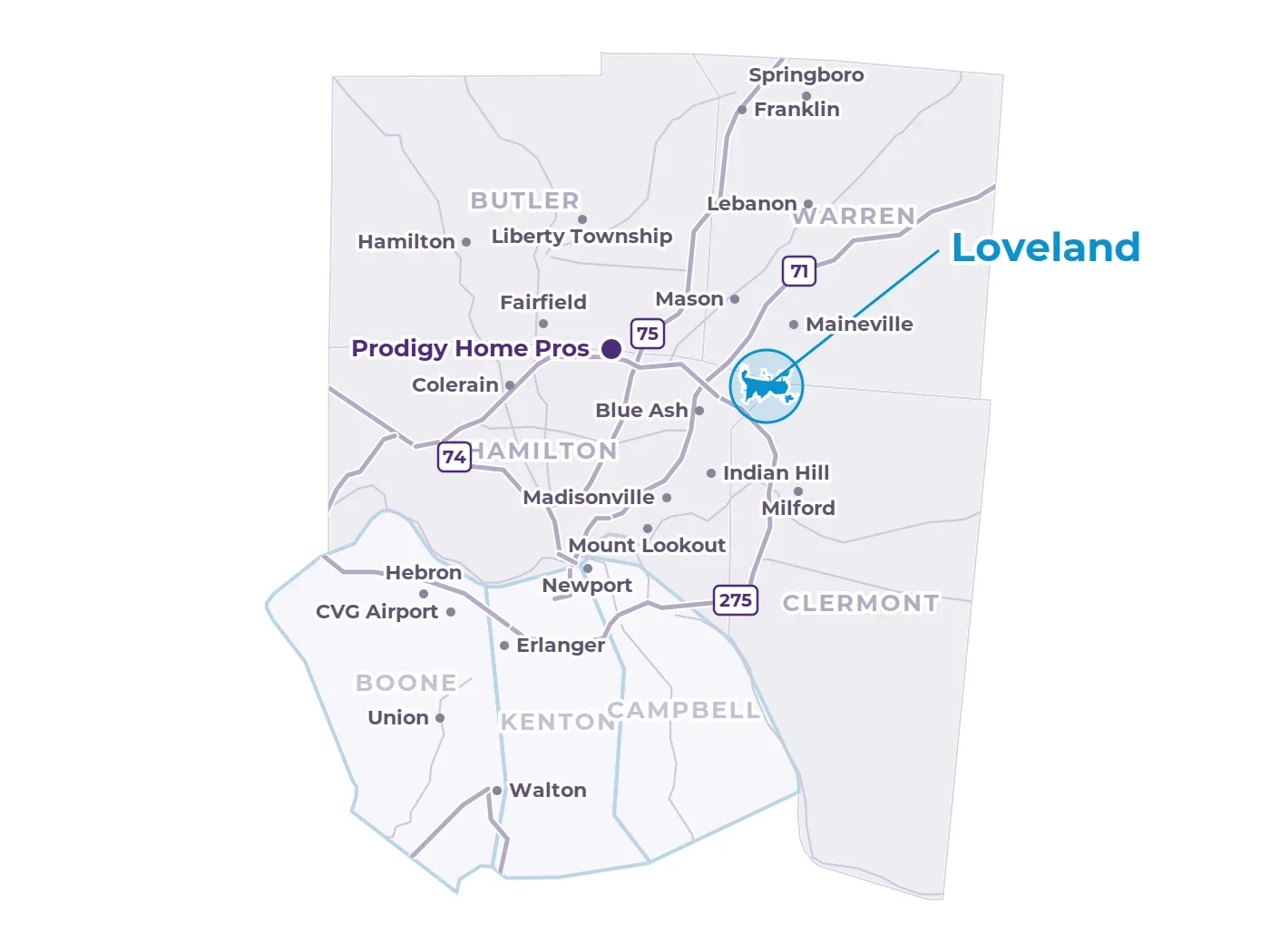 Map of Greater Cincinnati showing Loveland at the meeting of Hamilton, Clermont and Warren counties, nearby communities, the interstates and the Prodigy office in West Chester