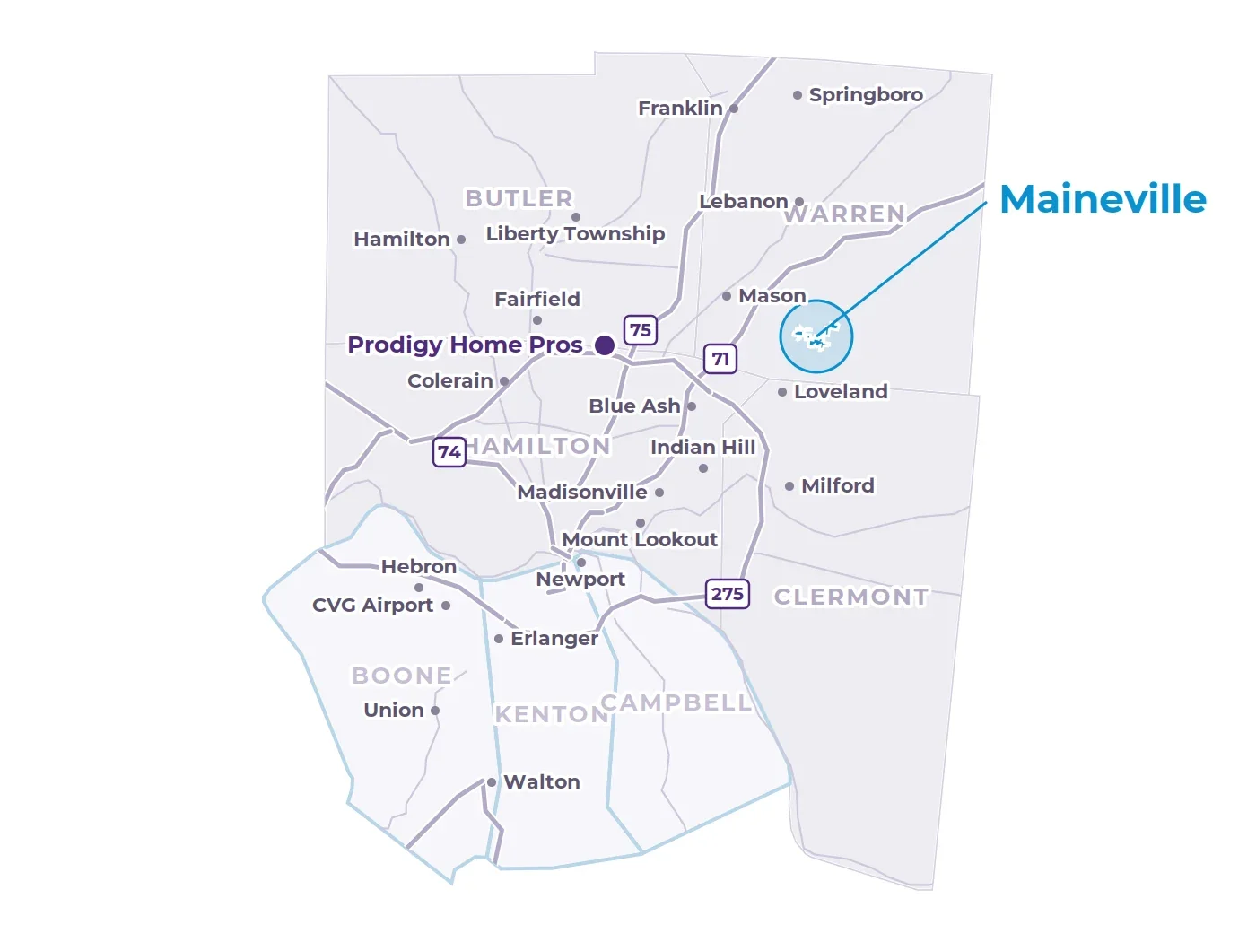 Map of Greater Cincinnati showing Maineville in Warren County, nearby communities, the interstates and the Prodigy office in West Chester Map of Greater Cincinnati showing Maineville in Warren County, nearby communities, the interstates and the Prodigy office in West Chester