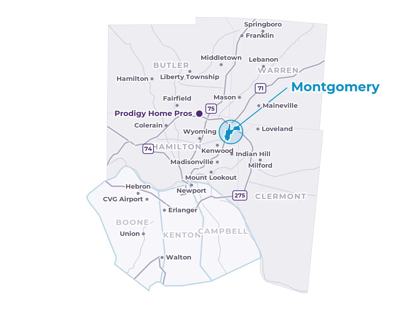 Map of Greater Cincinnati showing Montgomery in Hamilton County, nearby communities, the interstates and the Prodigy office in West Chester