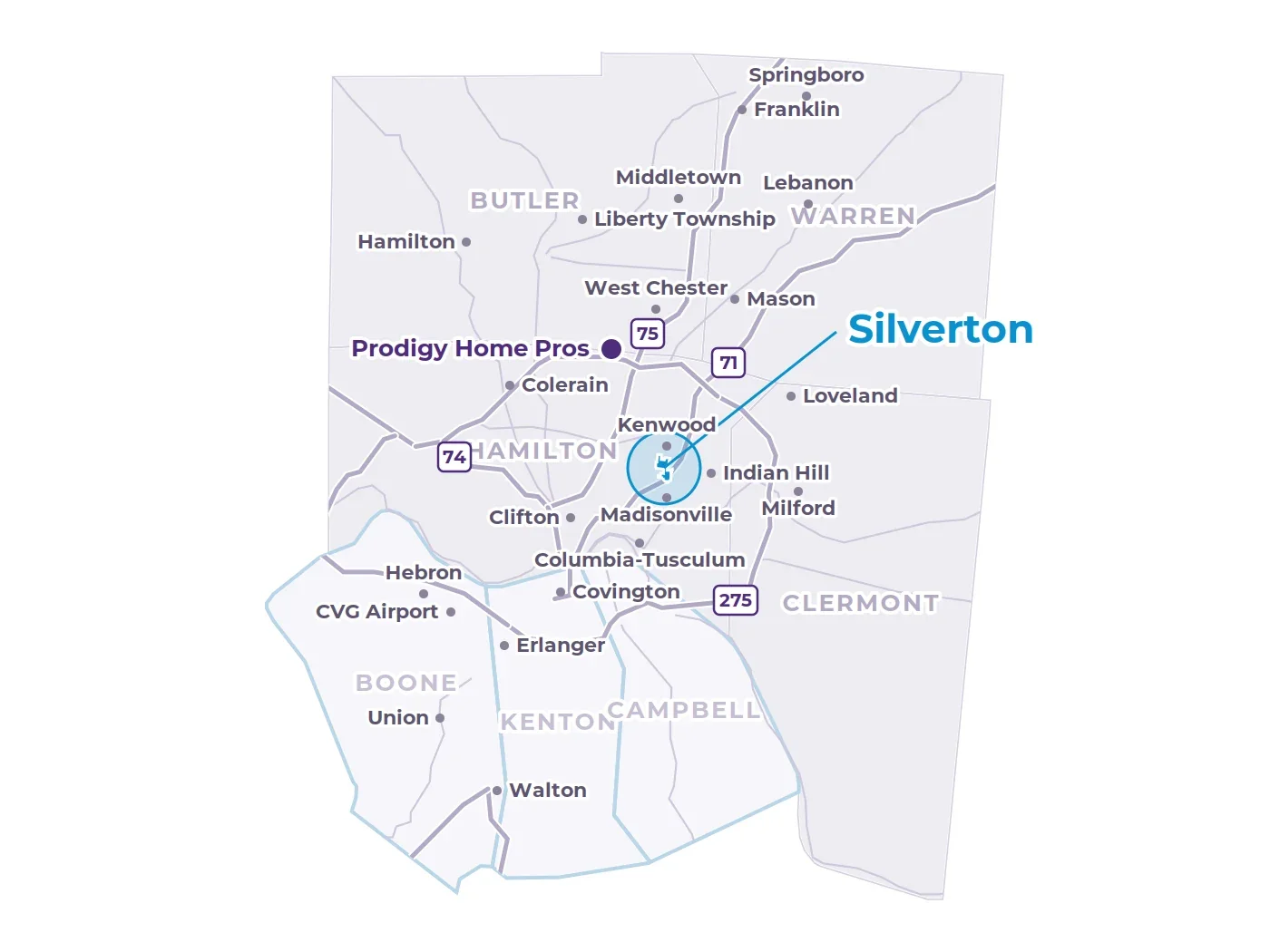 Map of Greater Cincinnati showing Silverton in Hamilton County, nearby communities, the interstates and the Prodigy office in West Chester Map of Greater Cincinnati showing Silverton in Hamilton County, nearby communities, the interstates and the Prodigy office in West Chester