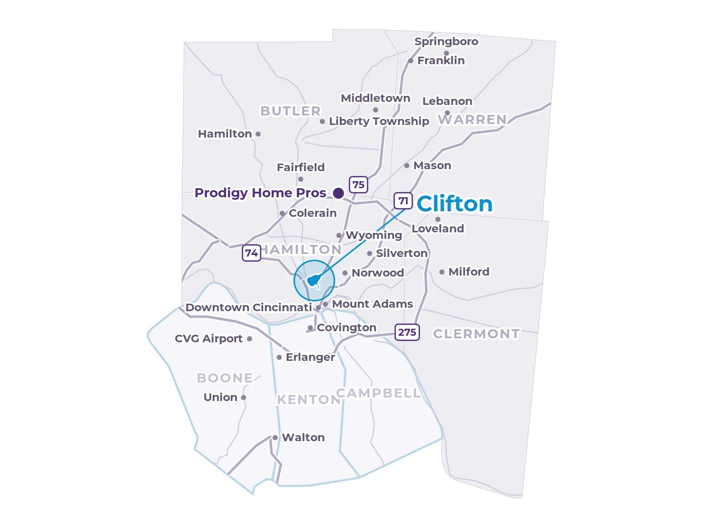 Map of Greater Cincinnati showing the Clifton neighborhood north of downtown, nearby communities, the interstates and the Prodigy office in West Chester Map of Greater Cincinnati showing the Clifton neighborhood north of downtown, nearby communities, the interstates and the Prodigy office in West Chester