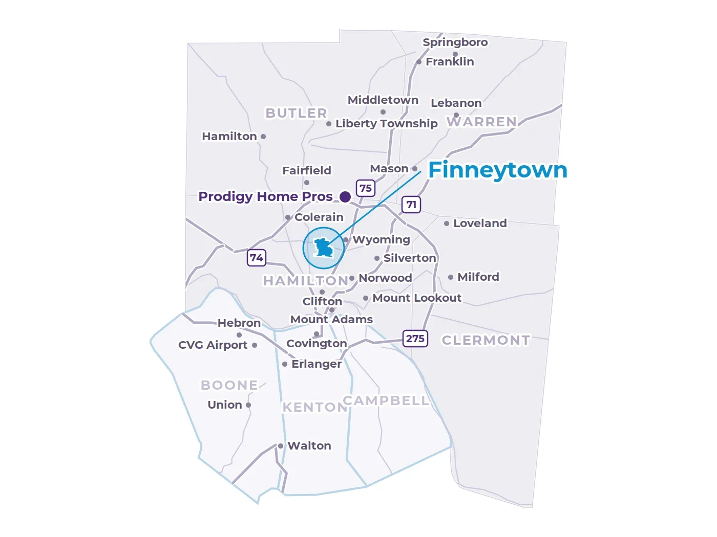 Map of Greater Cincinnati showing Finneytown in Springfield Township, nearby communities, the interstates and the Prodigy office in West Chester