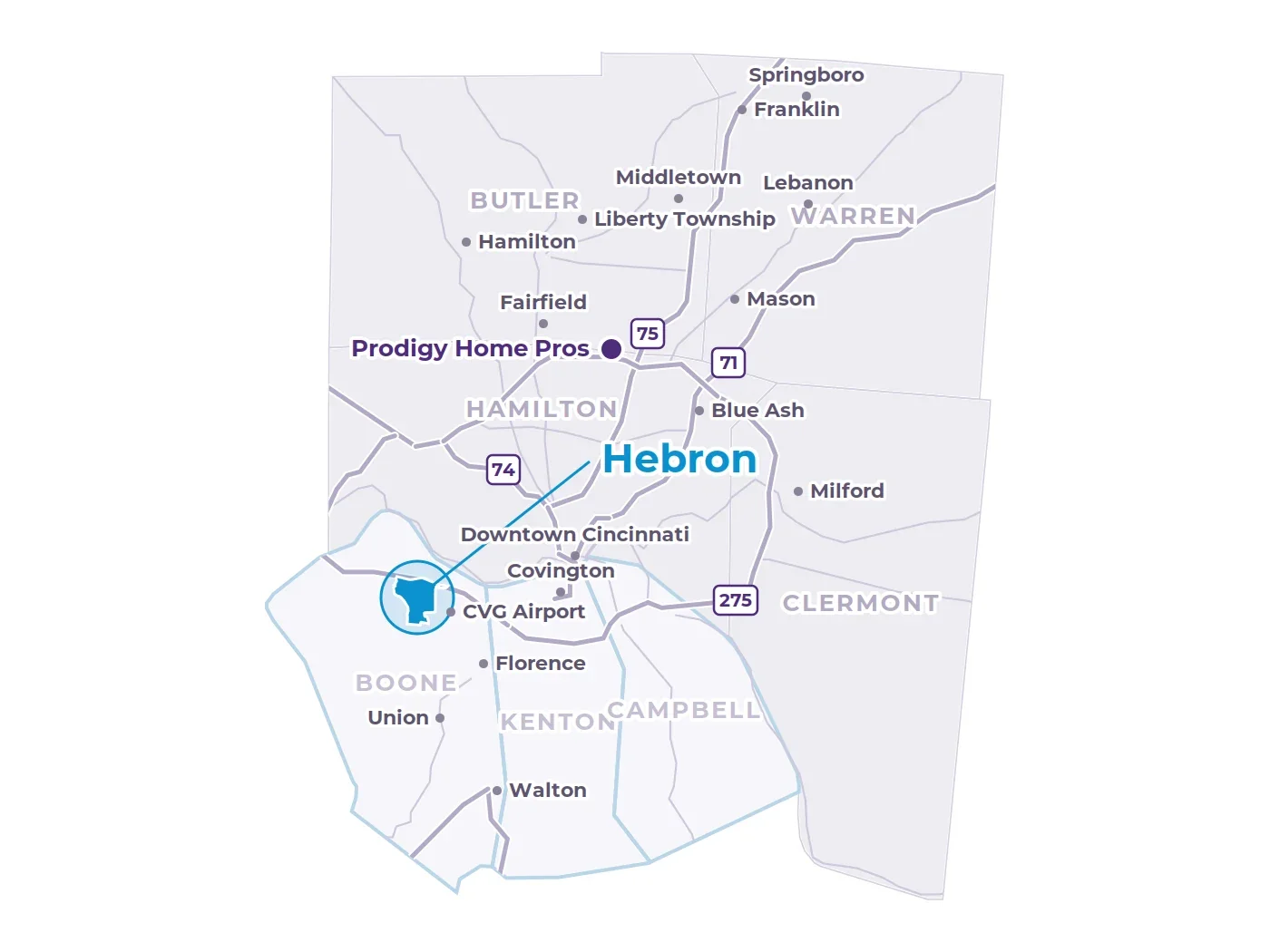Map of Greater Cincinnati showing Hebron in Boone County, Kentucky beside the CVG airport, nearby communities, the interstates and the Prodigy office in West Chester