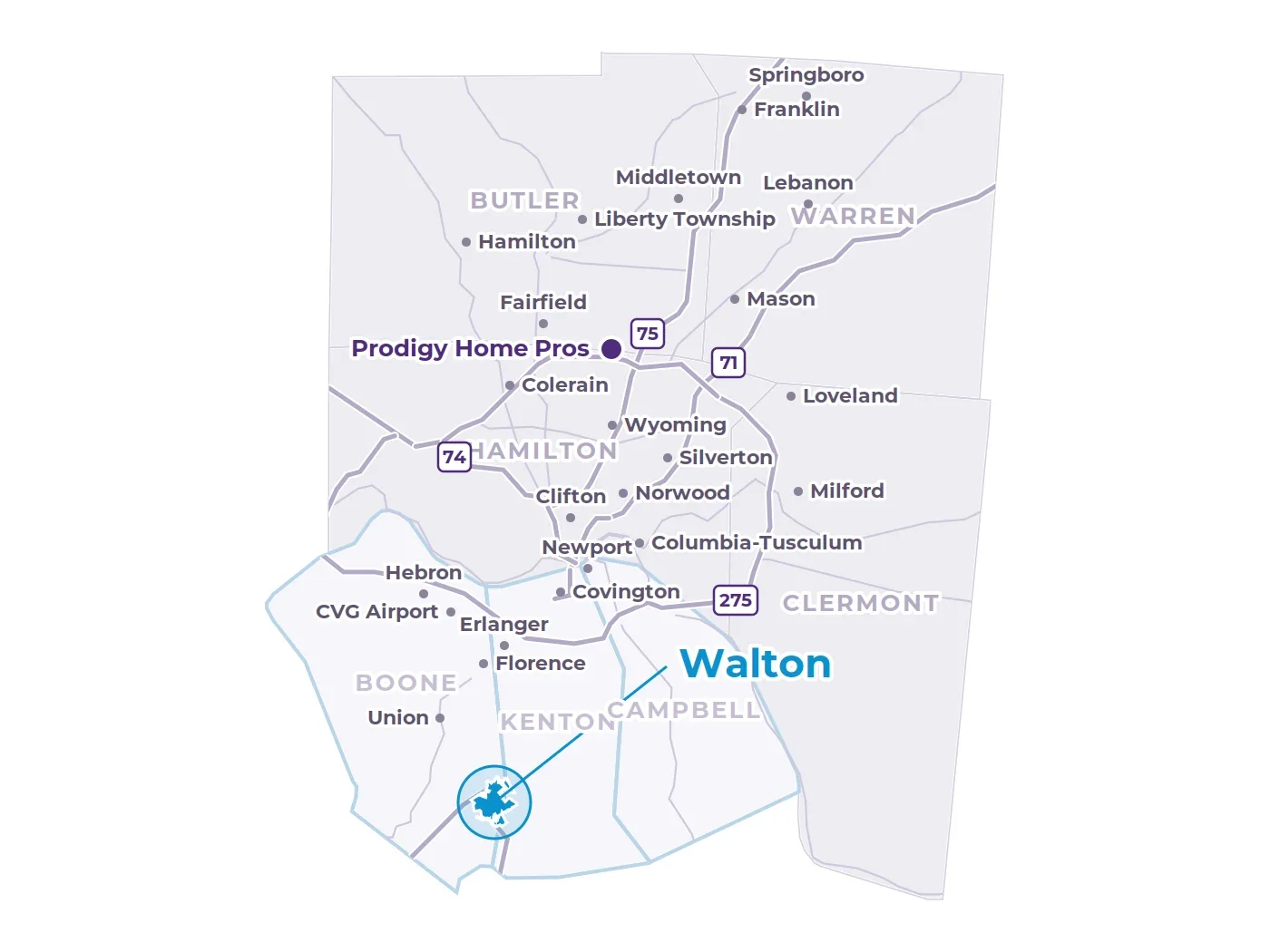 Map of Greater Cincinnati showing Walton in southern Boone County, Kentucky where I-71 and I-75 join, nearby communities and the Prodigy office in West Chester