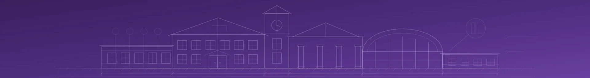 Blueprint-style line drawing of a school and civic building elevation