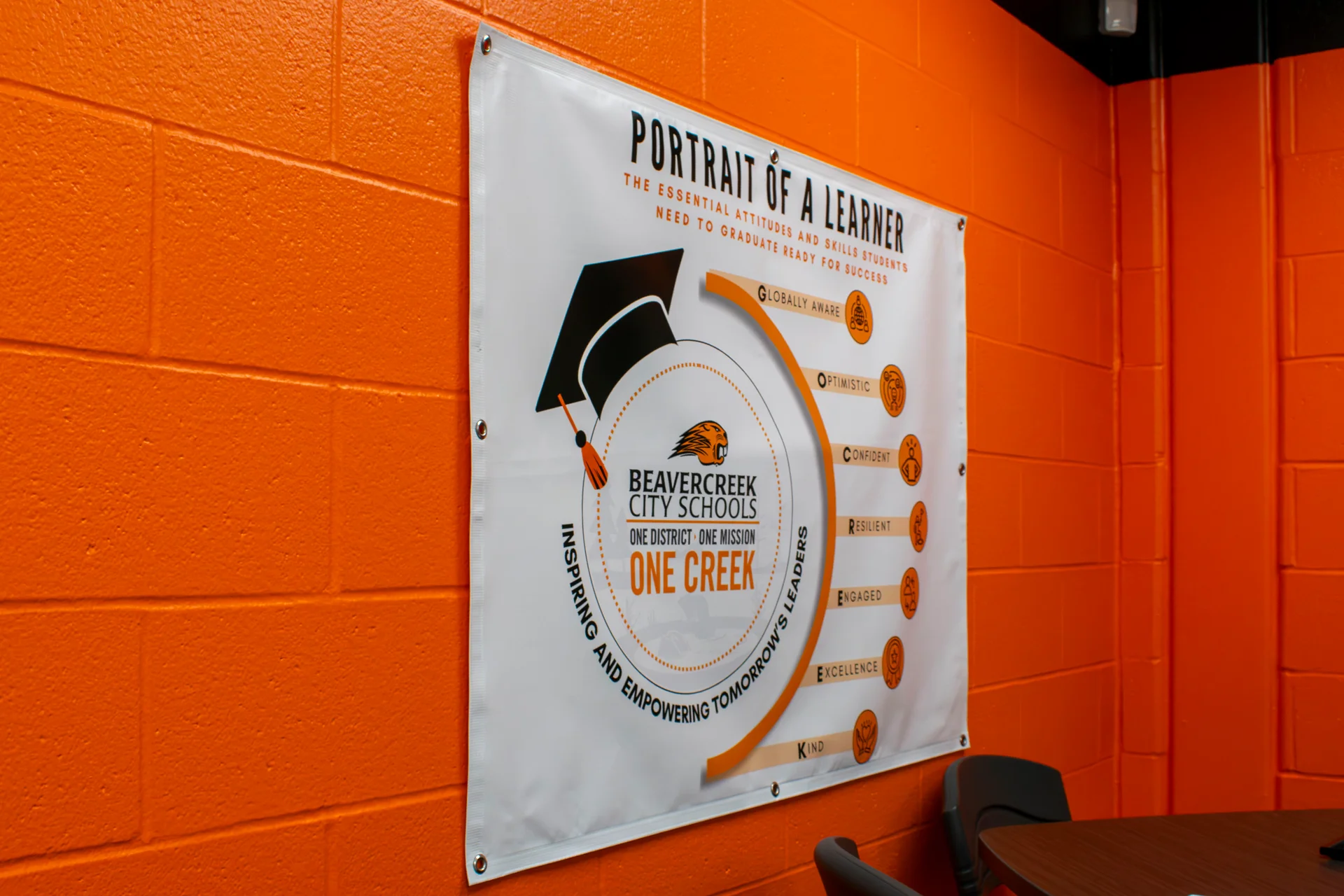 Beavercreek City Schools Portrait of a Learner banner on a freshly painted block wall in the renovated office suite