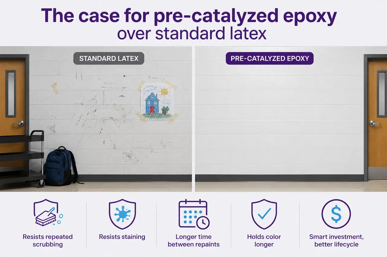 Side-by-side comparison of a scuffed standard latex wall and a clean pre-catalyzed epoxy wall in a school hallway, with durability benefits listed.