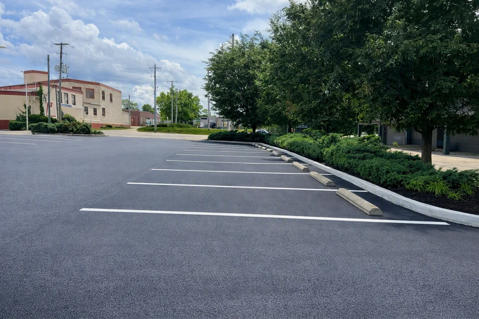 Repaved Dayton Metro Library parking lot with new white stall lines and reset wheel stops along the planter curb