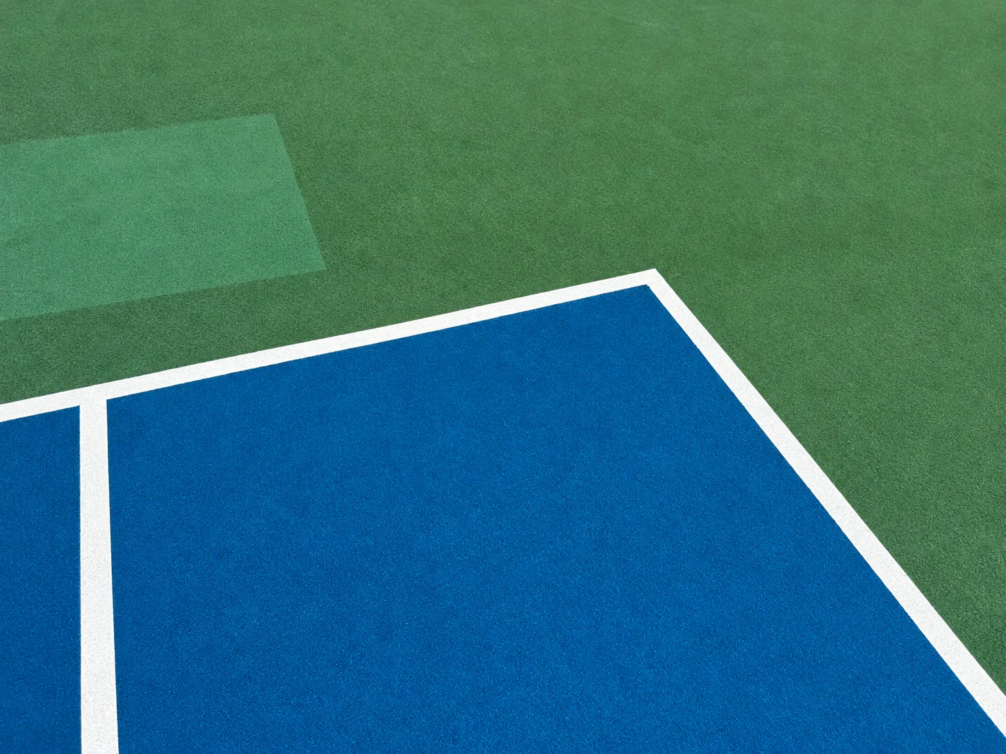 Close view of a cleaned blue court and white boundary lines against the green surround